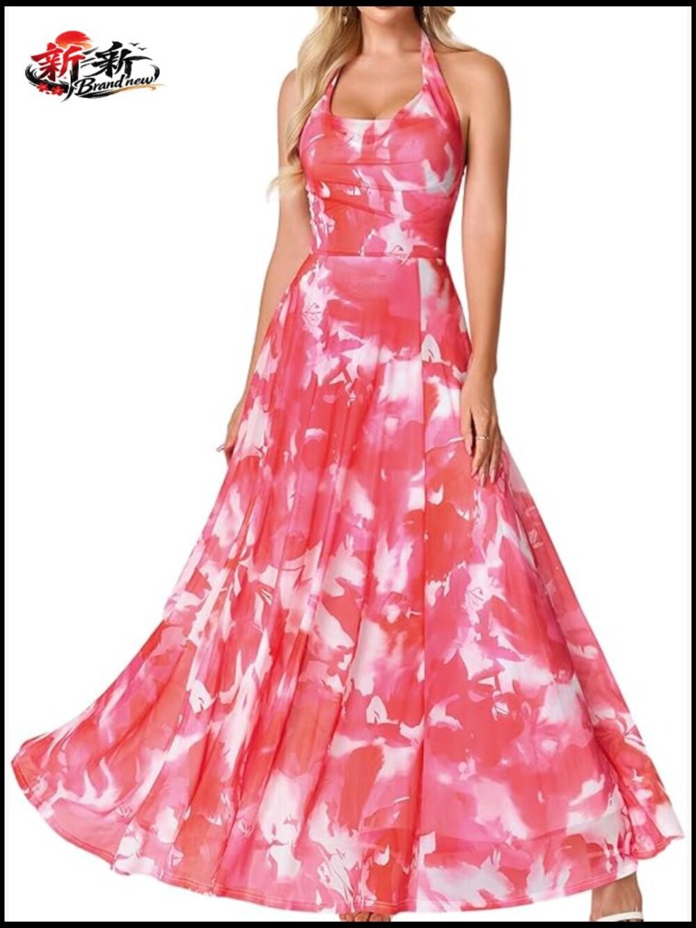 Women's Maxi Dress Floral Halter Cowl Neck A-Line Summer Formal Cocktail